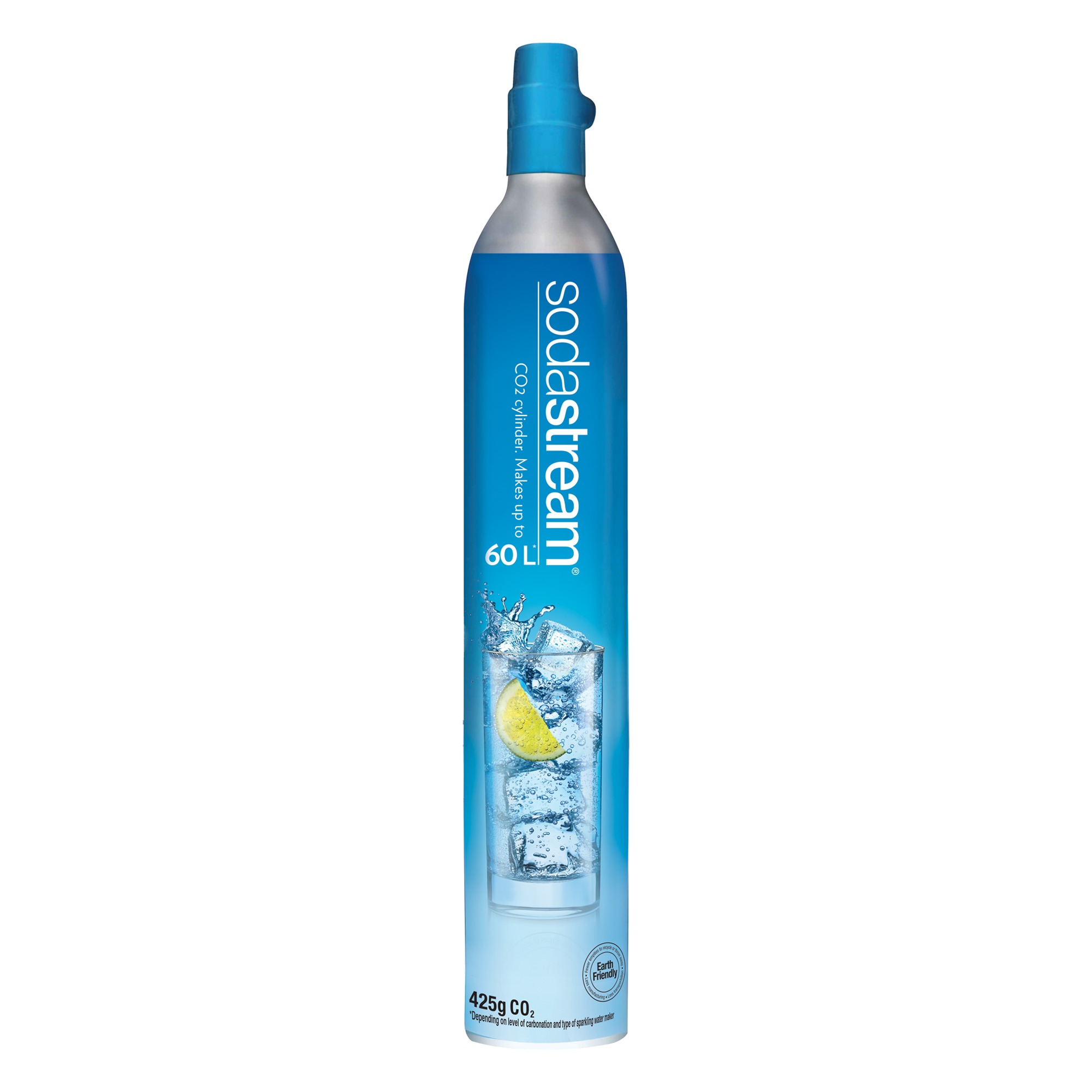 SodaStream CO2 cylinder with graphic of water, ice, and lemon slice, promoting environmentally friendly carbonation.