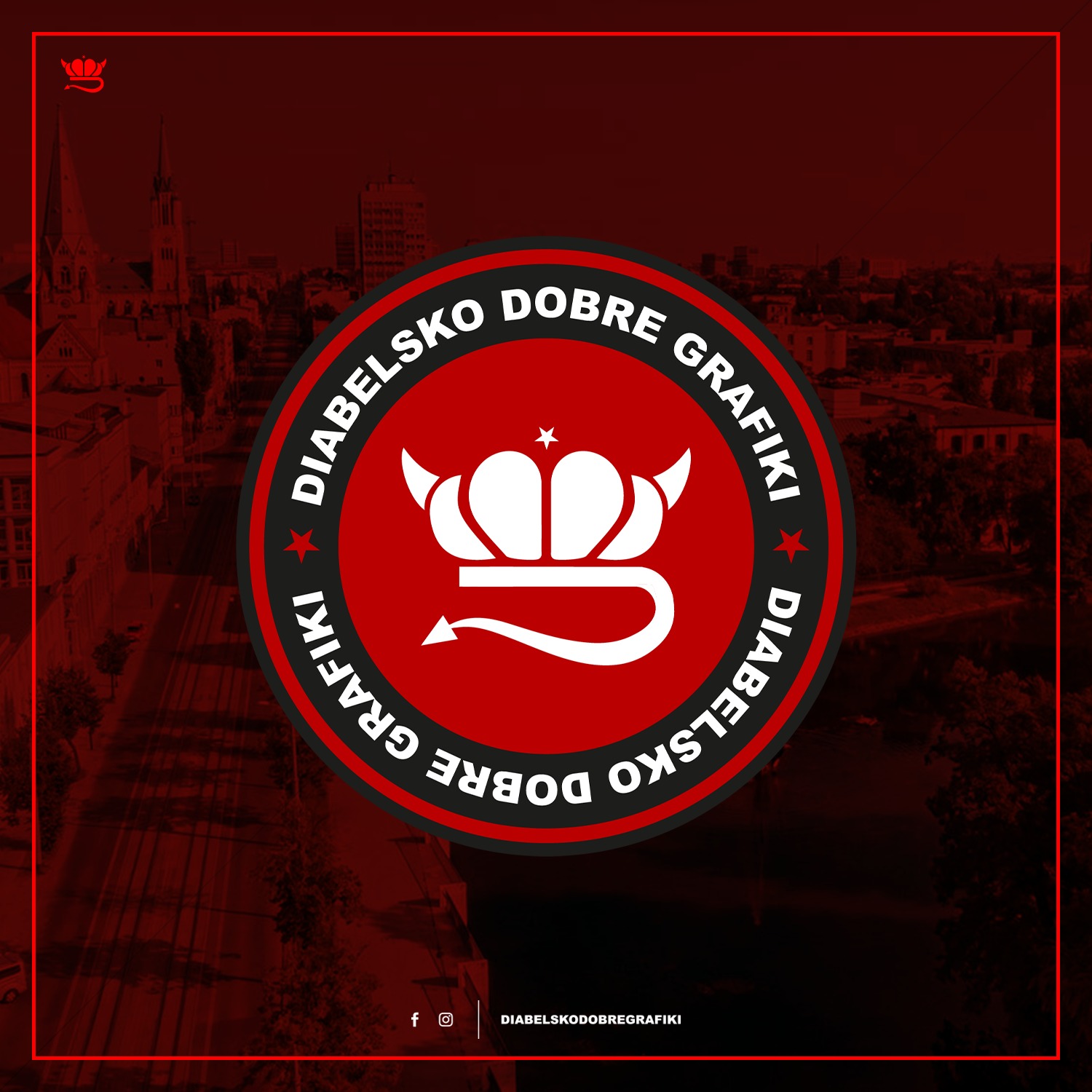 Logo firmy 'Diabelsko Dobre Grafiki' w czerwono-czarnej kolorystyce, przedstawiające stylizowaną koronę z rogami i strzałką, umieszczone na tle panoramy miasta.