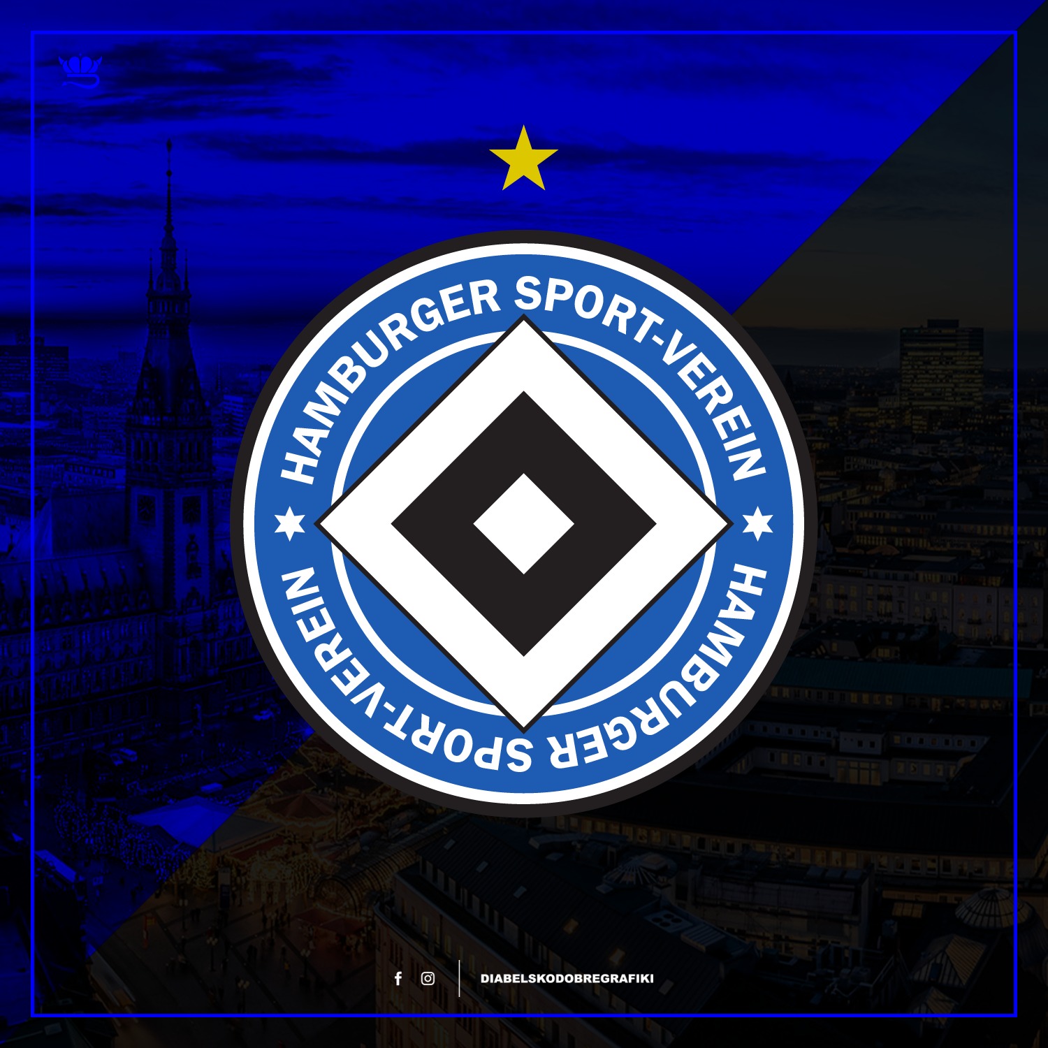 Logo Hamburger Sport-Verein na tle nocnej panoramy miasta, z efektem niebieskiego gradientu i gwiazdą nad herbem.