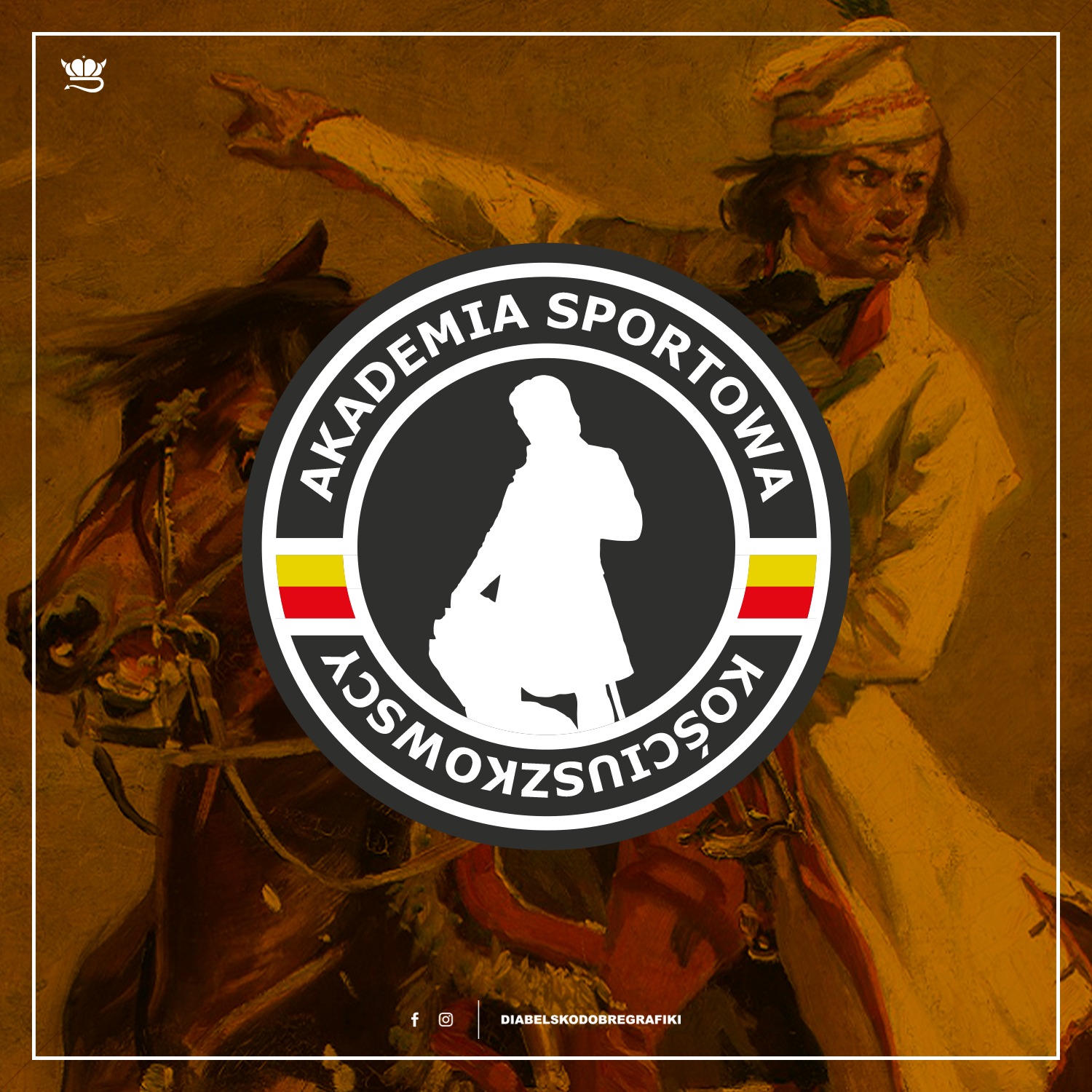 Grafika przedstawiająca portret Tadeusza Kościuszki na koniu, nałożony na okrągłe logo z napisem 'Akademia Sportowa Kościuszki' i sylwetką postaci w centrum, z akcentami kolorów flagi polskiej.