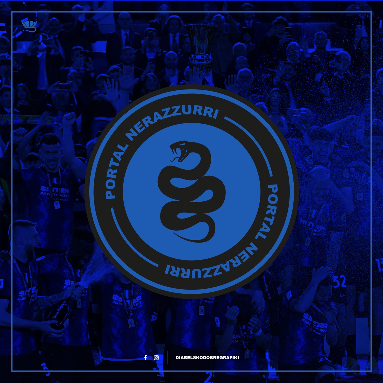 Niebiesko-czarny okrągły logotyp z wężem w środku, otoczony napisem 'PORTAL NERAZZURRI', na tle świętujących piłkarzy z konfetti i szampanem, z widocznym pucharem w tle.
