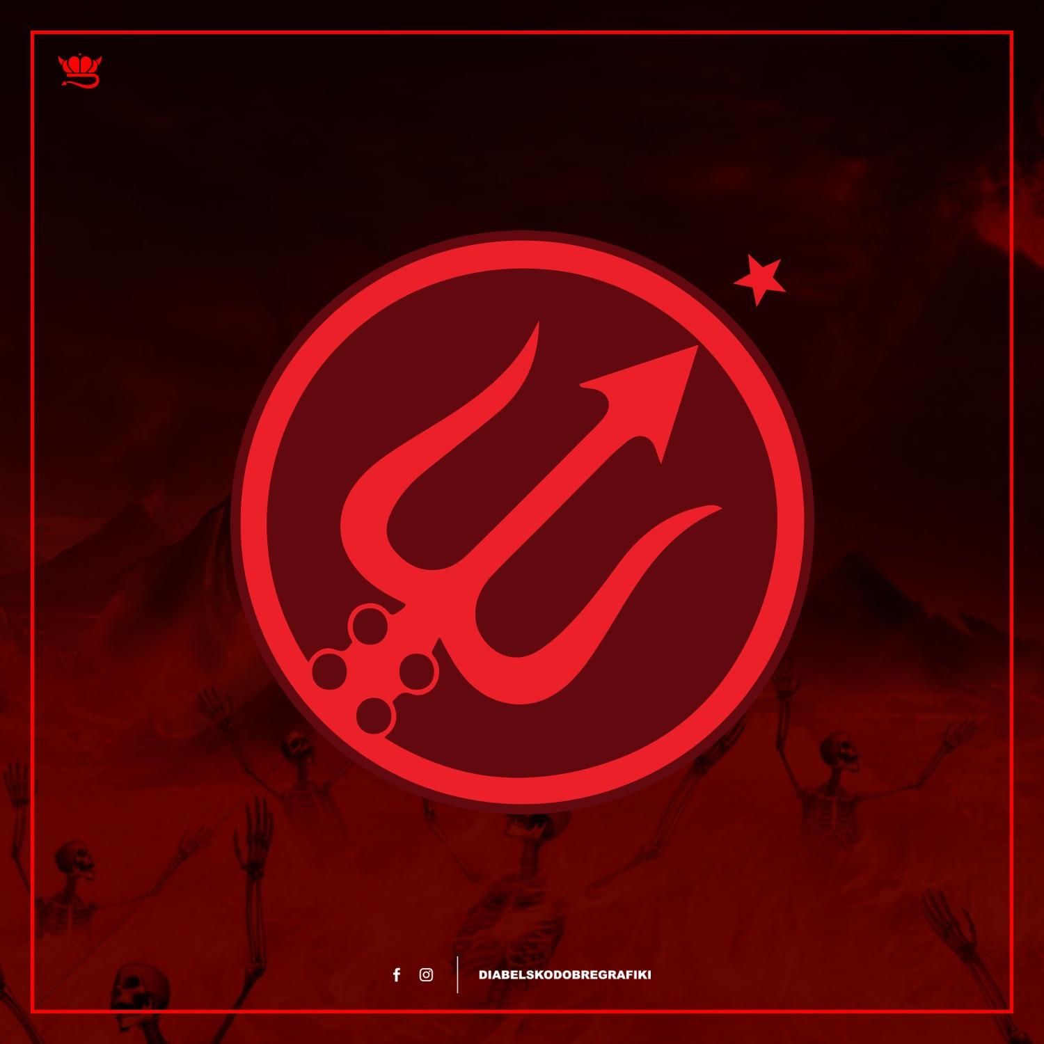 Czerwone logo z trójzębem w okręgu, nad nim gwiazda, tło z szkieletami i górami, całość w mrocznej, czerwonej tonacji.