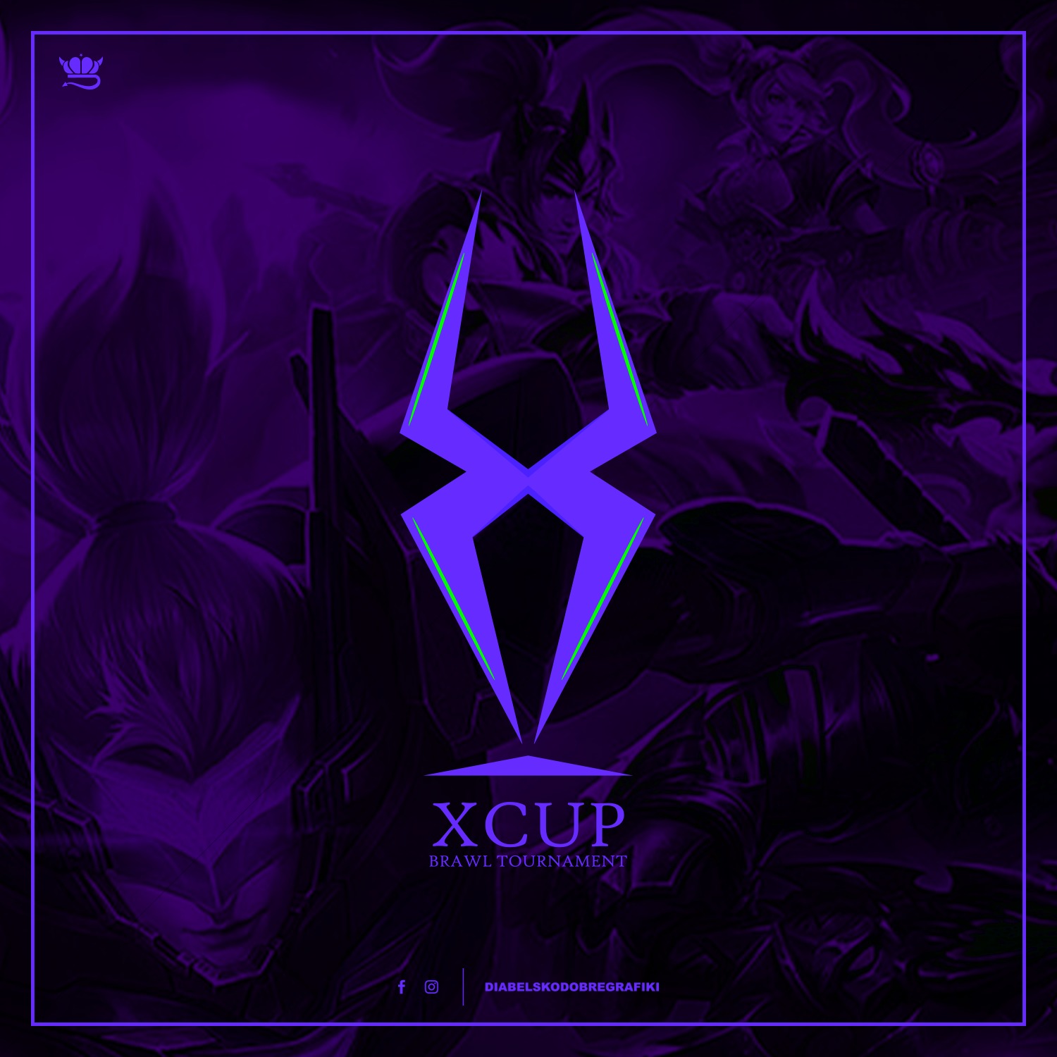 Fioletowo-czarny plakat turnieju Brawl Tournament XCup z abstrakcyjnym logo i postaciami z gry w tle, stworzony przez DiabelskoDobreGrafiki.