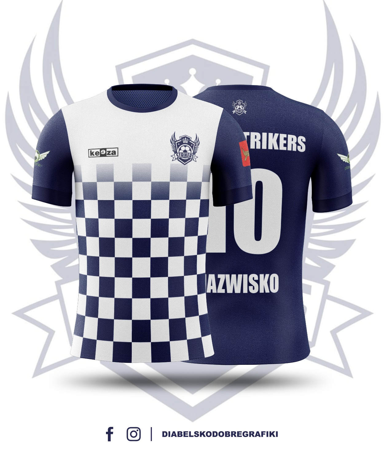 Projekt graficzny koszulki sportowej z motywem szachownicy i logo drużyny 'Strikers', widok z przodu i z tyłu, prezentacja na białym tle z delikatnym cieniowaniem.