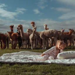 Uśmiechnięta dziewczynka w jasnoróżowej piżamie leży na białej kołdrze i poduszce na zielonej trawie, otoczona stadem alpak na tle błękitnego nieba z chmurami.