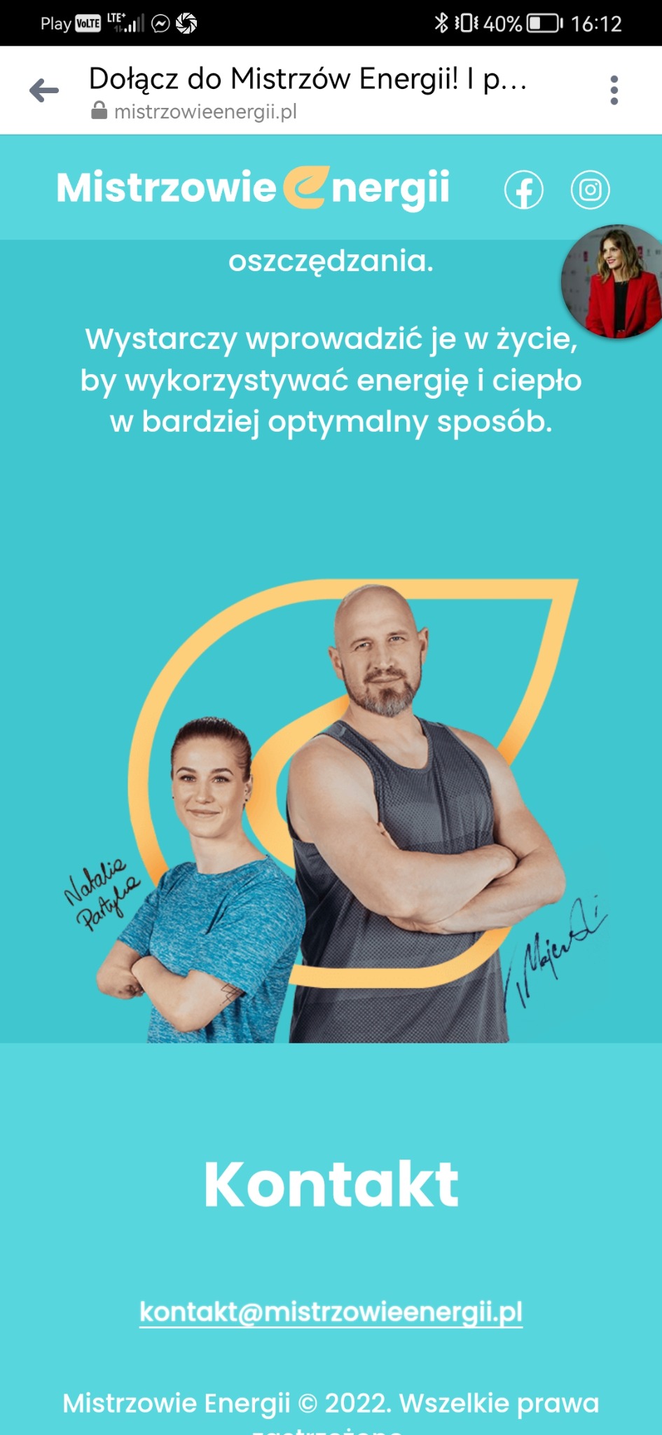 Strona internetowa Mistrzowie Energii z portretem kobiety i mężczyzny, logo firmy oraz hasłem o oszczędzaniu energii.