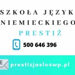 Szkoła Języka Niemieckiego Prestiż: kontakt telefoniczny 500 646 396, adres e-mail prestizjaslo@wp.pl, minimalistyczny projekt graficzny z ikonami telefonu i koperty na turkusowym tle.