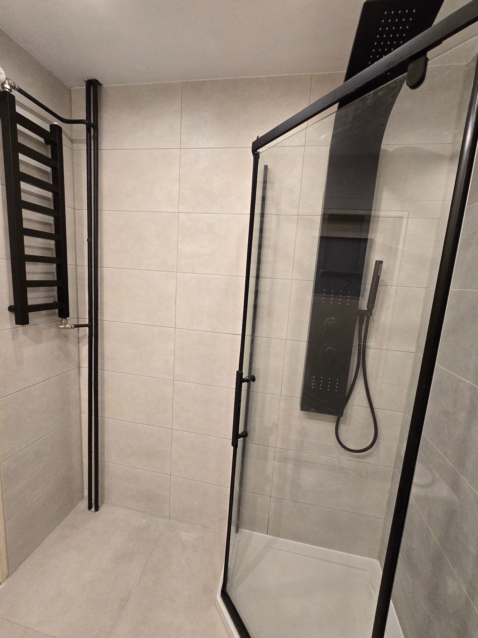 Nowoczesna łazienka z kabiną prysznicową typu walk-in z czarnymi profilami, panelem prysznicowym z deszczownicą i wężem oraz grzejnikiem drabinkowym w kolorze czarnym na ścianie z jasnych płytek.