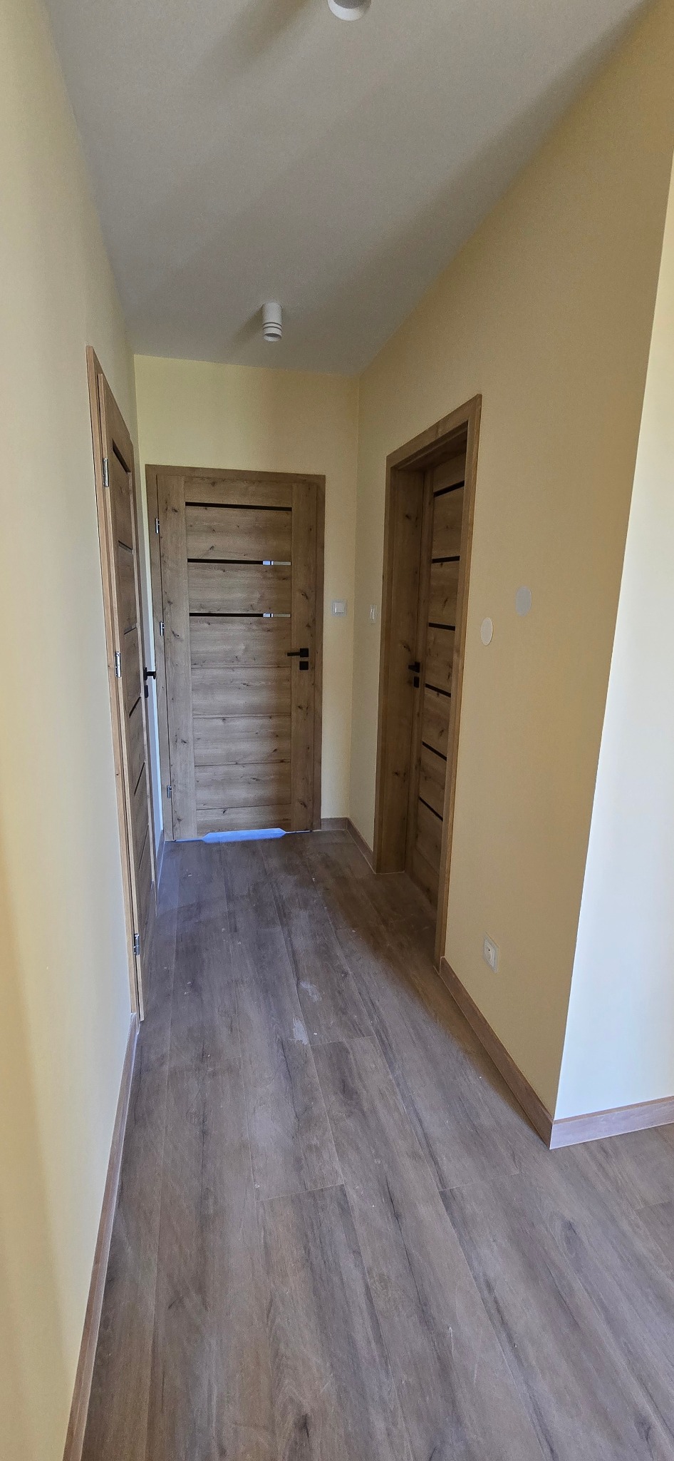 Korytarz po remoncie: panele podłogowe imitujące drewno, dwoje drzwi z drewnianą okleiną i czarnymi klamkami, ściany w odcieniach beżu.