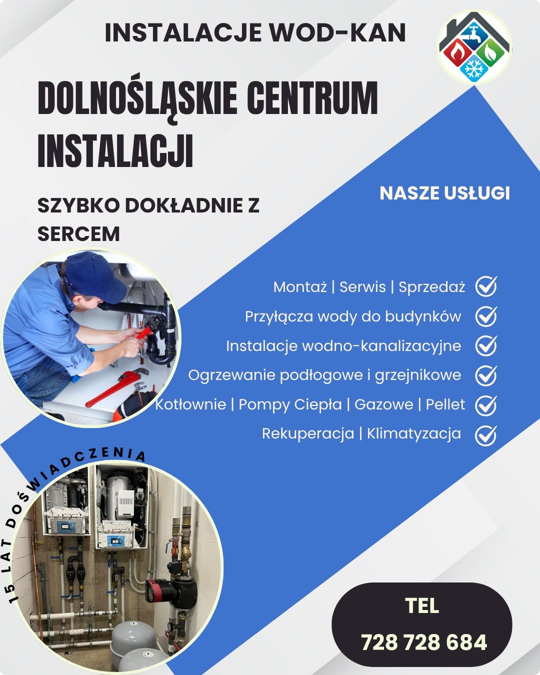 Baner reklamowy firmy instalacyjnej: instalacje wod-kan, ogrzewanie podłogowe, pompy ciepła, rekuperacja, klimatyzacja, montaż, serwis, sprzedaż. Kontakt telefoniczny.