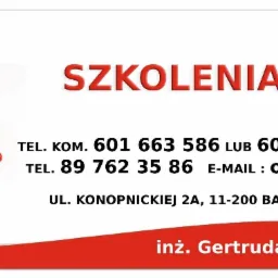 Czerwony kask BHP obok napisu 'Szkolenia BHP', dane kontaktowe i imię inżyniera. Grafika reklamowa szkoleń z zakresu bezpieczeństwa i higieny pracy.