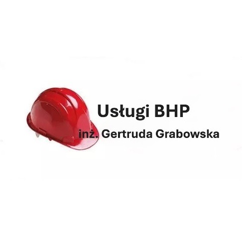 Czerwony kask budowlany obok napisu 'Usługi BHP inż. Gertruda Grabowska' na białym tle. Kask lekko z lewej strony, napis z prawej. Minimalistyczny przekaz.