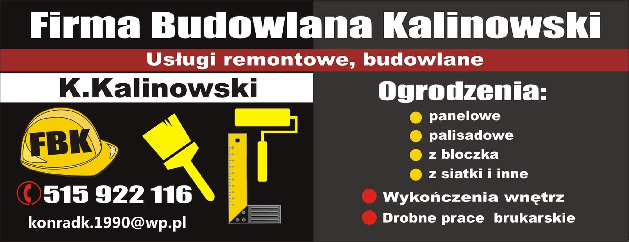 Logo firmy budowlanej Kalinowski z żółtymi elementami graficznymi: kaskiem, pędzlem, wałkiem i kątownikiem. Wymienione usługi: remontowe, budowlane, ogrodzenia panelowe, palisadowe, z bloczka,...