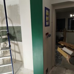 Krzysztof - Wnętrze w trakcie prac: ściana z fragmentem pomalowanym na intensywny zielony kolor, widoczna drabina malarska, niezabezpieczone przewody elektryczne i rozdzielnia, ślady gładzi na podłodze.