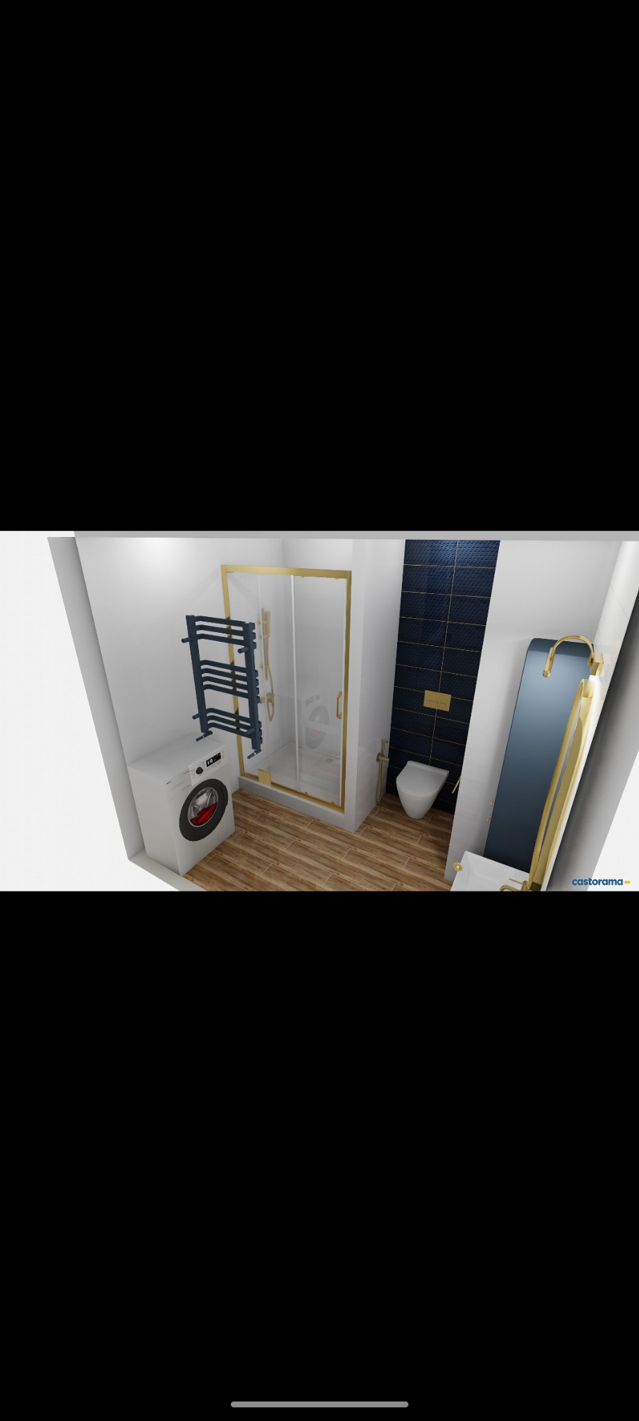 Wizualizacja małej łazienki z pralką, kabiną prysznicową w złotej ramie, grzejnikiem drabinkowym i toaletą w kolorach bieli, złota i granatu z drewnianą podłogą.