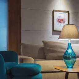 Turkusowy fotel z podnóżkiem, beżowa sofa z poduszkami, drewniany stolik z turkusową lampką z brązowym abażurem, obrazy w złotych ramach na teksturowanej ścianie.