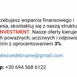 Tekst informacyjny o strukturze NELE-GLOBAL INVESTMENT oferującej wsparcie finansowe i finansowanie z oprocentowaniem 3%, zawierający adres e-mail i numer WhatsApp.