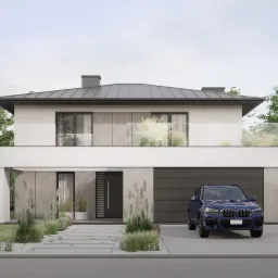 Wizualizacja nowoczesnego, dwukondygnacyjnego domu z płaskim dachem, betonową elewacją, szklaną balustradą balkonu i podjazdem z zaparkowanym granatowym BMW X3, otoczonego zielenią i ozdobnymi...