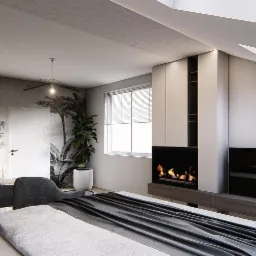 Nowoczesna sypialnia na poddaszu z kominkiem elektrycznym, telewizorem i fototapetą z motywem tropikalnym, oświetlona lampą wiszącą i naturalnym światłem wpadającym przez okno dachowe.