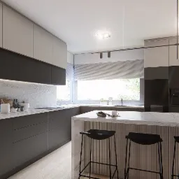 Nowoczesna kuchnia w szarościach z wyspą, czarnymi hokerami i marmurowym blatem, oświetlona listwą LED pod szafkami wiszącymi.