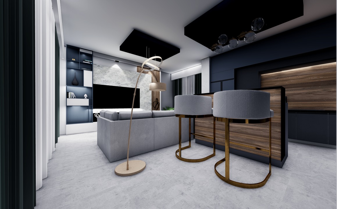 Wizualizacja nowoczesnego salonu z aneksem kuchennym, szary narożnik, złota lampa łukowa, wysokie krzesła barowe z szarym obiciem i złotymi nogami, drewniane panele na ścianie.