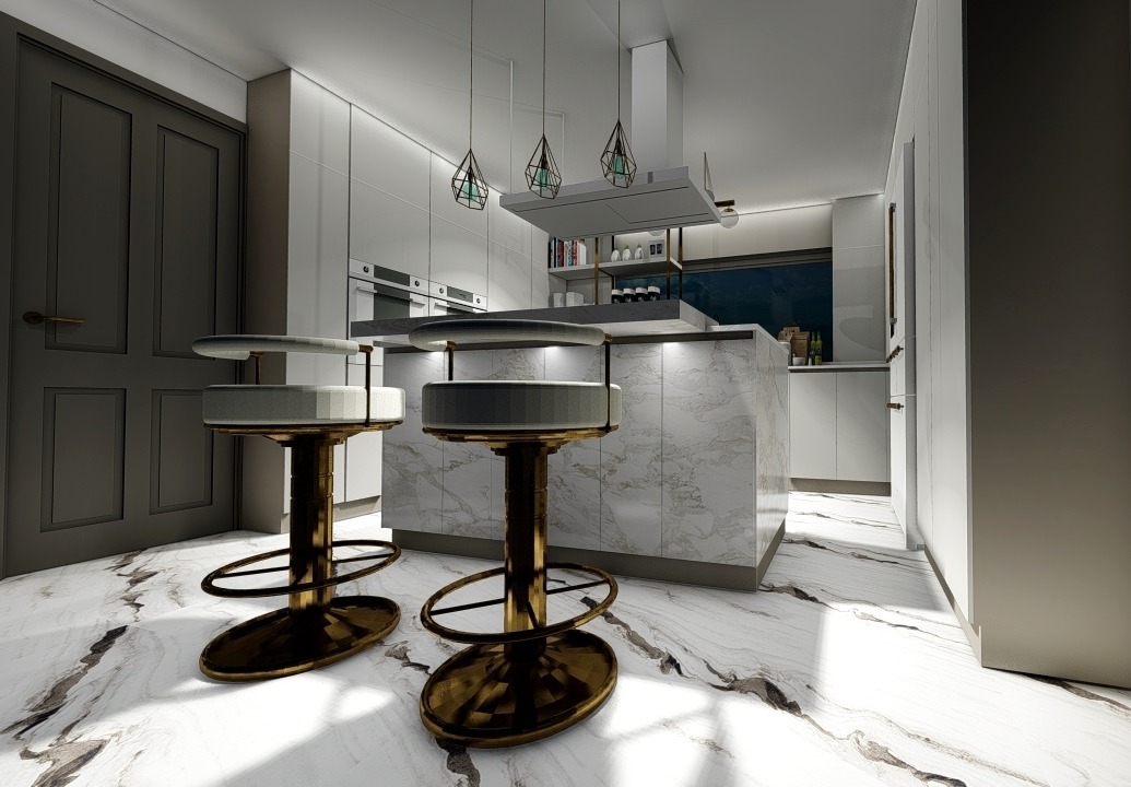 Nowoczesna, jasna kuchnia w Kielcach z marmurową wyspą i podłogą, oświetlona wiszącymi lampami o geometrycznym designie, z dwoma barowymi krzesłami z brązowymi podstawami.