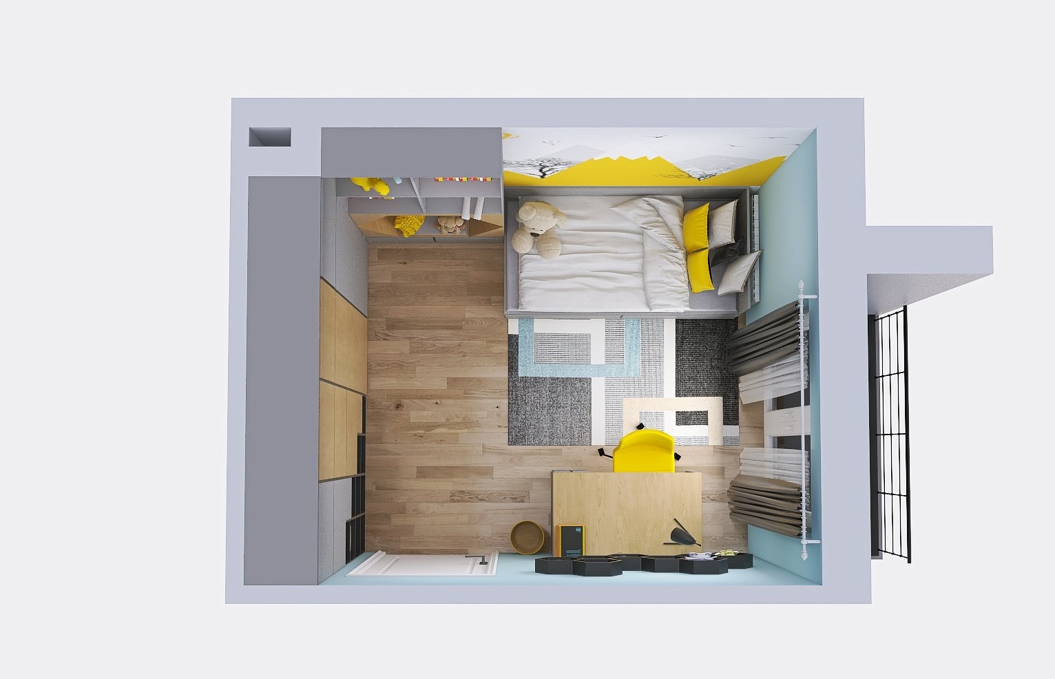 Wizualizacja pokoju dziecięcego z widokiem z góry: łóżko z żółtymi poduszkami, biurko z żółtym krzesłem, drewniana podłoga i szafa w odcieniach szarości i drewna.
