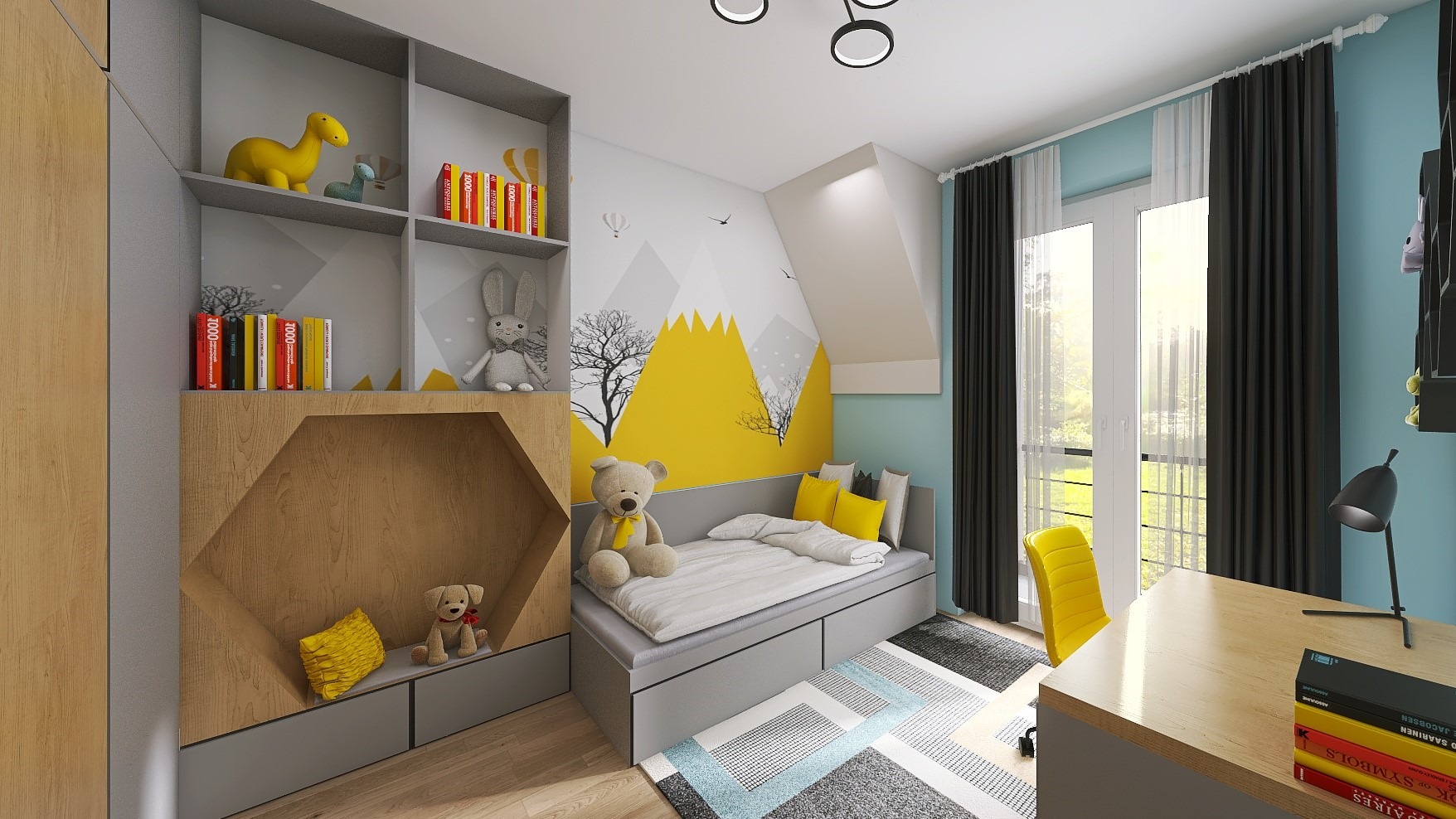 Pokój dziecięcy z łóżkiem, biurkiem i regałem na zabawki, ściana z motywem gór w kolorach szarości i żółci, dywan w geometryczne wzory.