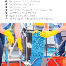 Dlkomfort spółka z ograniczoną odpowiedzialnością - Grafika reklamowa firmy sprzątającej z ofertą usług: sprzątanie biur, przychodni, hoteli, wspólnot mieszkaniowych, po remoncie, mycie okien i pranie tapicerki, prezentująca wózek serwisowy z mopem...