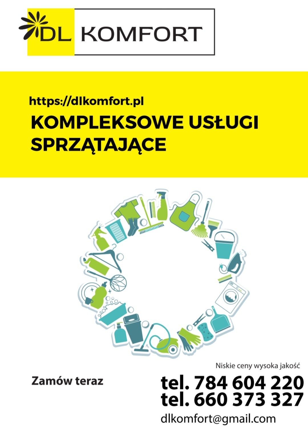Grafika reklamowa firmy DL Komfort oferującej kompleksowe usługi sprzątające, z logo, adresem strony internetowej i numerami telefonów kontaktowych, otoczone ikonami różnych narzędzi i akcesoriów...
