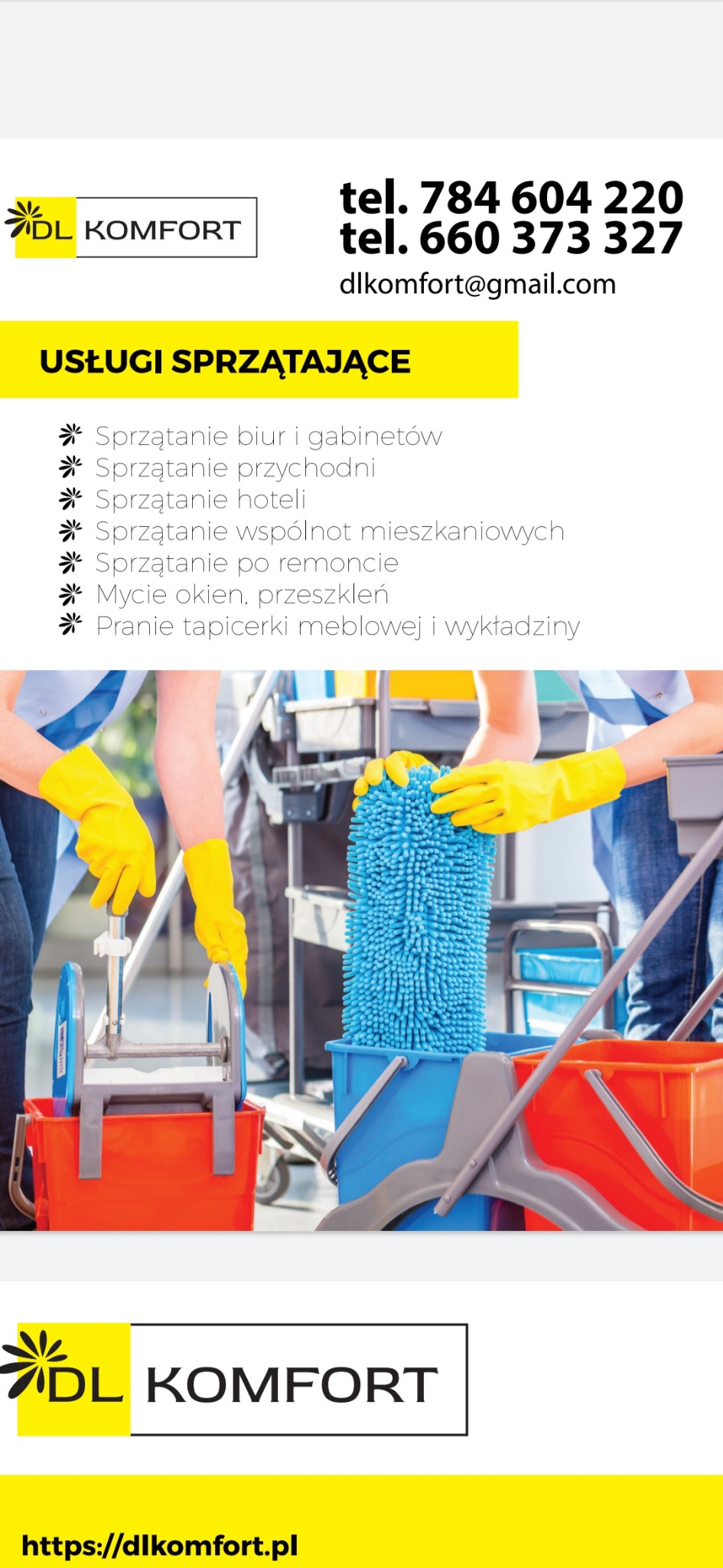 Grafika reklamowa firmy sprzątającej z ofertą usług: sprzątanie biur, przychodni, hoteli, wspólnot mieszkaniowych, po remoncie, mycie okien i pranie tapicerki, prezentująca wózek serwisowy z mopem...