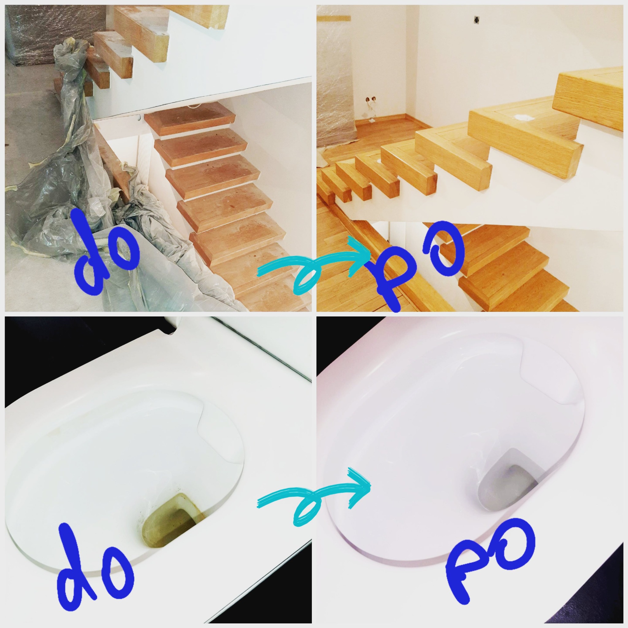 Montaż drewnianych schodów i czyszczenie toalety: porównanie stanu przed i po remoncie, widoczne zabezpieczenia folią malarską.