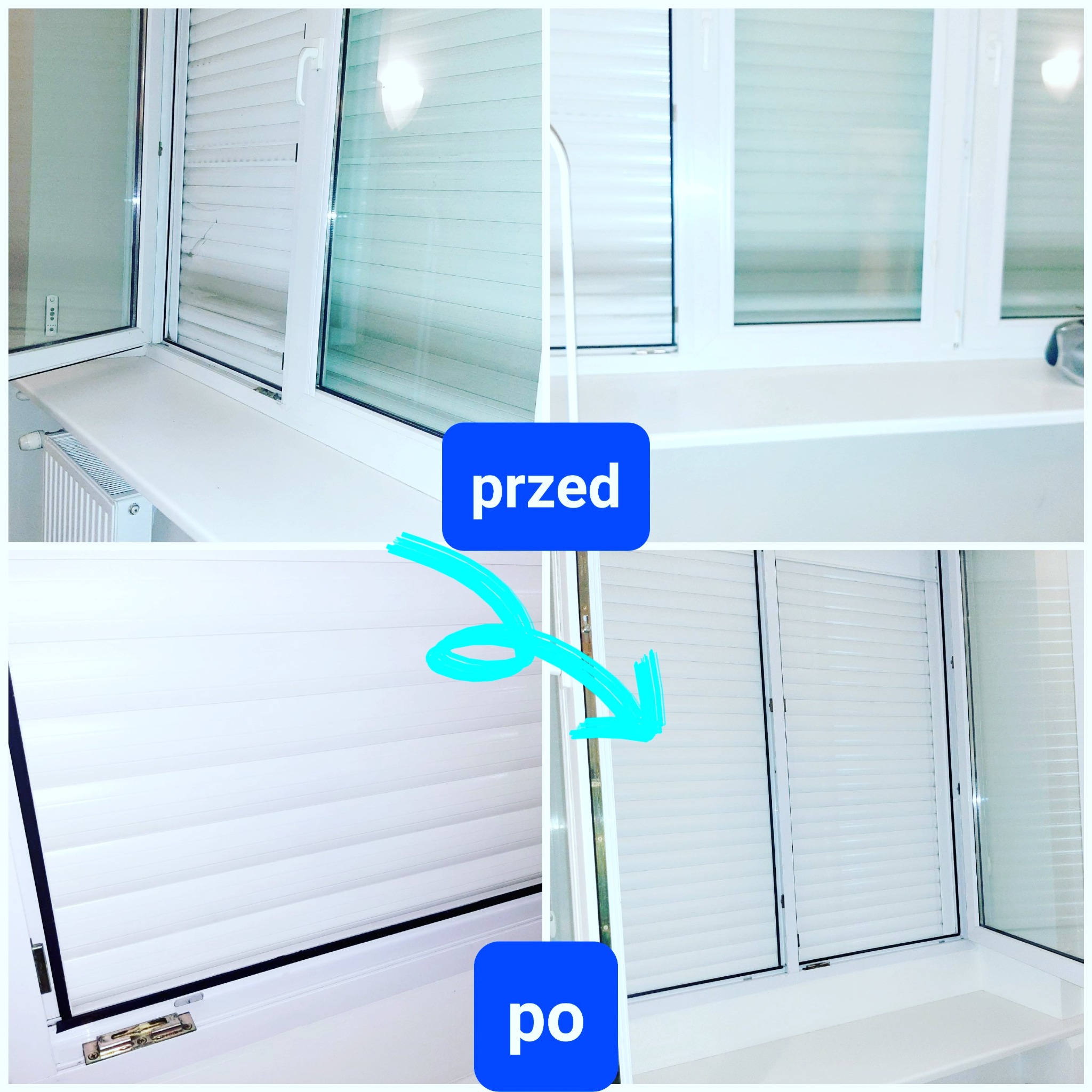 Porównanie okna z żaluzjami przed i po czyszczeniu, widoczne różnice w czystości i wyglądzie.