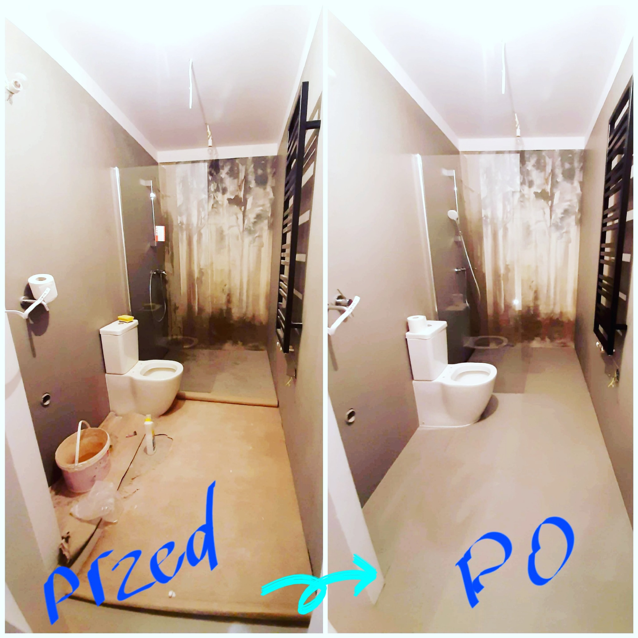 Łazienka po remoncie: widok przed i po, z nową podłogą, toaletą i grzejnikiem drabinkowym. Na podłodze przed remontem widoczne resztki materiałów budowlanych, a po remoncie czysta, jednolita...