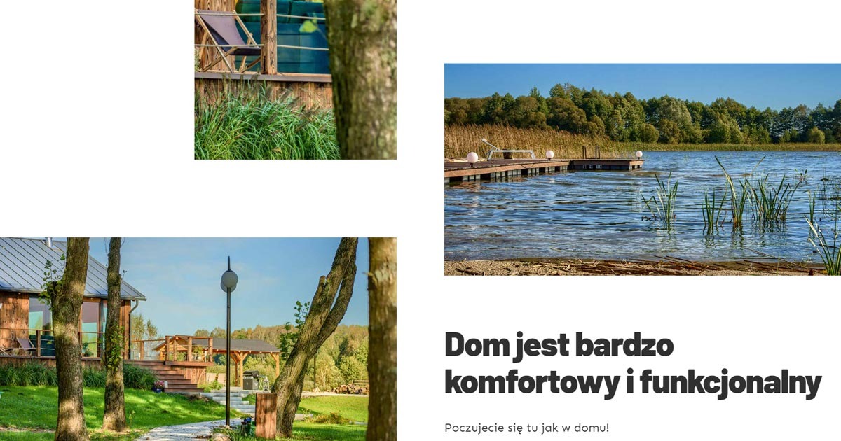 Kolaż prezentujący wizualizacje domów i otoczenia: drewniany dom z tarasem i krzesłami, pomost nad jeziorem, tekst 'Dom jest bardzo komfortowy i funkcjonalny'.