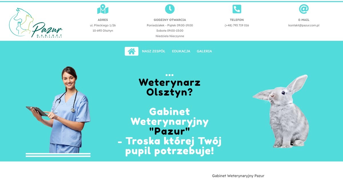 Projekt strony www dla gabinetu weterynaryjnego 'Pazur' z wizerunkiem uśmiechniętej lekarki w uniformie trzymającej tablet i siedzącego królika na turkusowym tle.