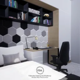 Wizualizacja pokoju z miejscem do spania i pracy w Kobyłce. Nad łóżkiem panel ścienny w heksagony w odcieniach szarości, biurko z lampką i słuchawkami, nad biurkiem półki z książkami i dekoracjami.