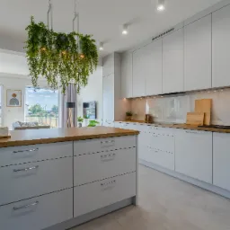 Nowoczesna kuchnia z szarymi szafkami, drewnianym blatem i wyspą, oświetlona wiszącą roślinnością, widok na salon