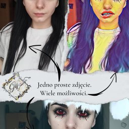 GMG - Montaż zdjęcia portretowego kobiety przed i po edycji z użyciem filtrów graficznych, z efektem makijażu i świątecznym motywem, na tle z efektem rozdarcia papieru.