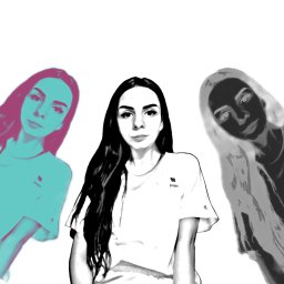 GMG - Potrójny portret kobiety w t-shircie z efektem graficznym: turkusowo-różowy, czarno-biały i centralny w odcieniach szarości.