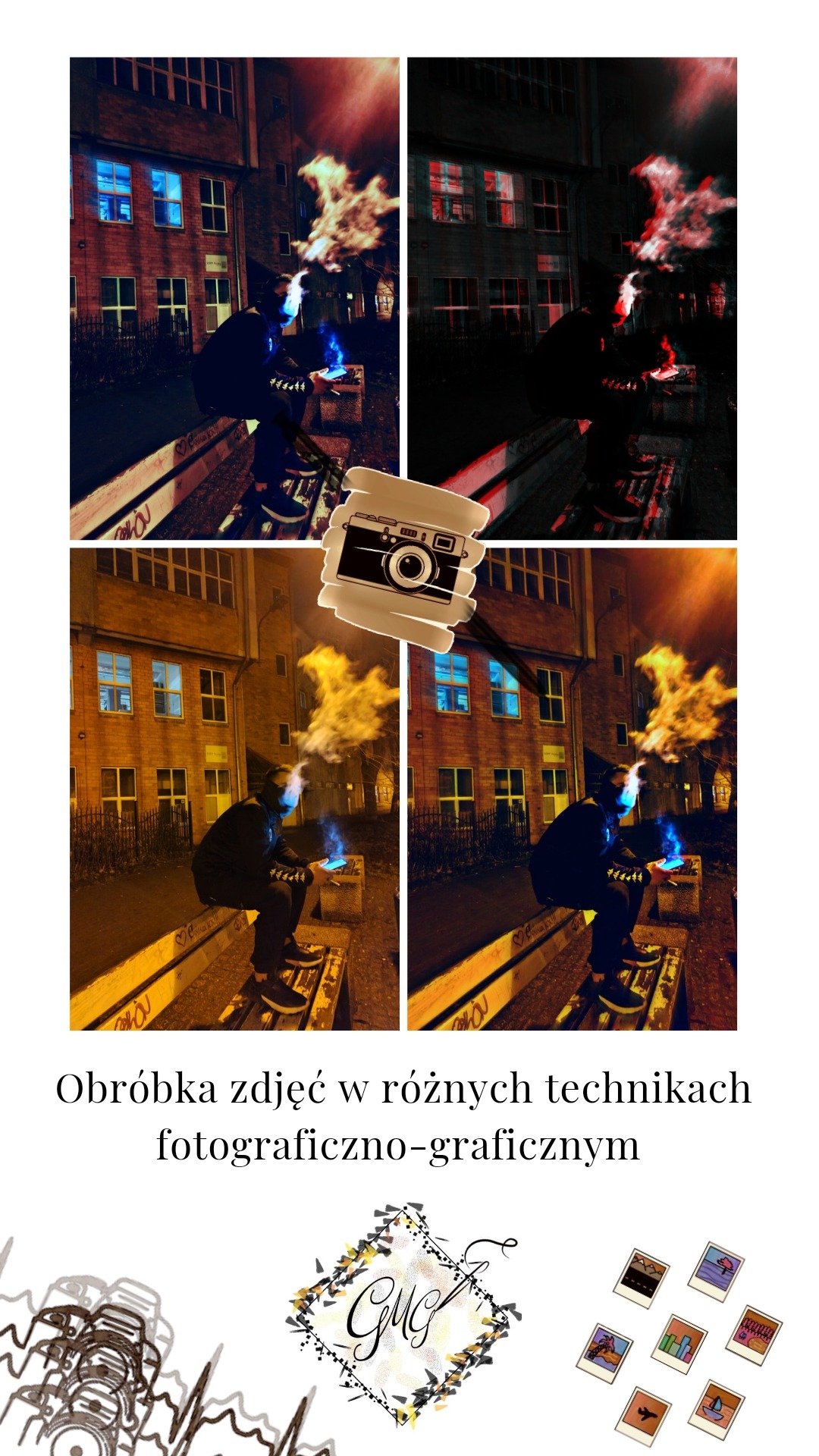 Cztery wersje tego samego zdjęcia, przedstawiające mężczyznę siedzącego na ławce przed budynkiem w nocy, z efektem specjalnym dymu i niebieskiego światła dodanym cyfrowo.