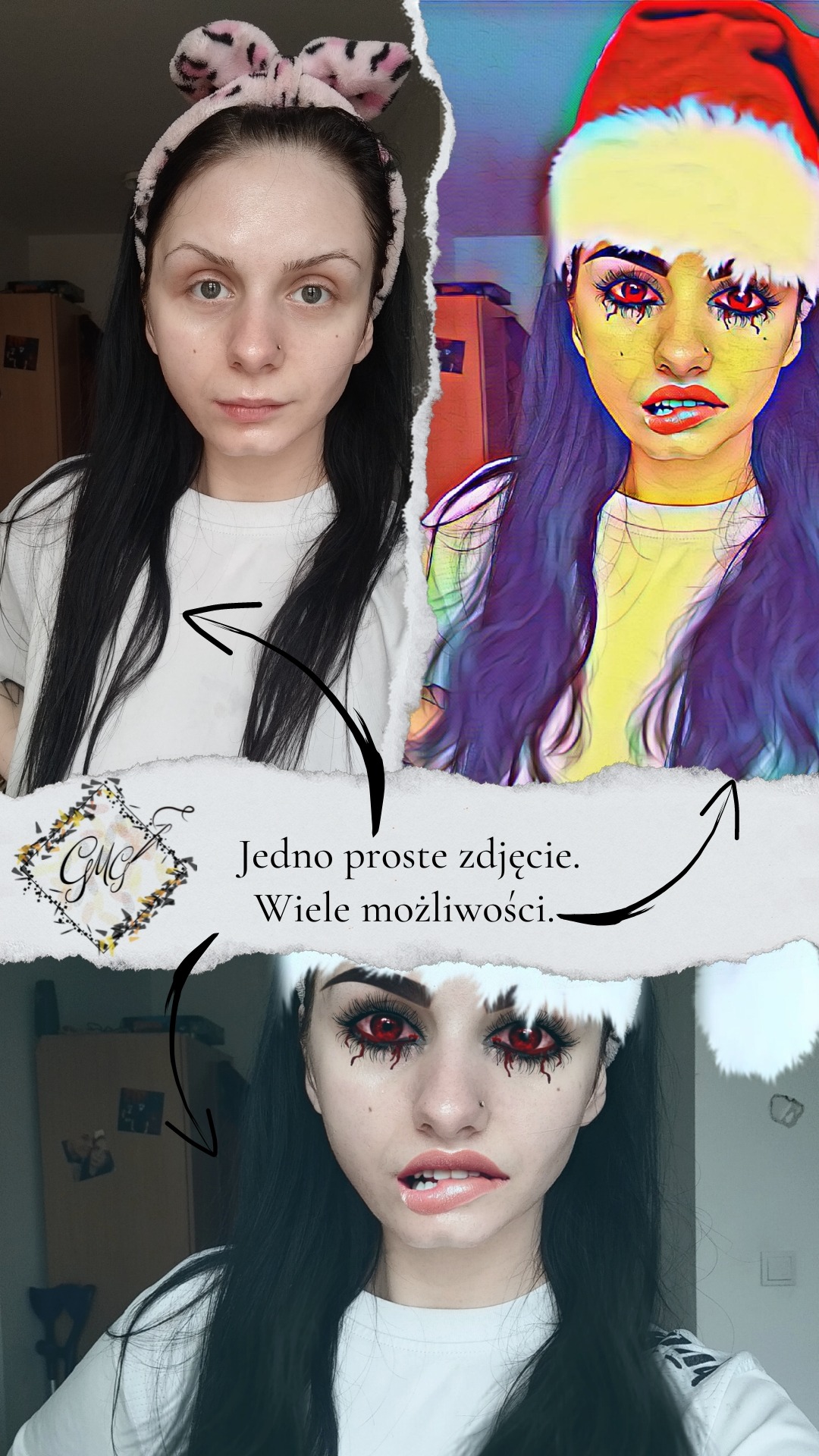 Montaż zdjęcia portretowego kobiety przed i po edycji z użyciem filtrów graficznych, z efektem makijażu i świątecznym motywem, na tle z efektem rozdarcia papieru.