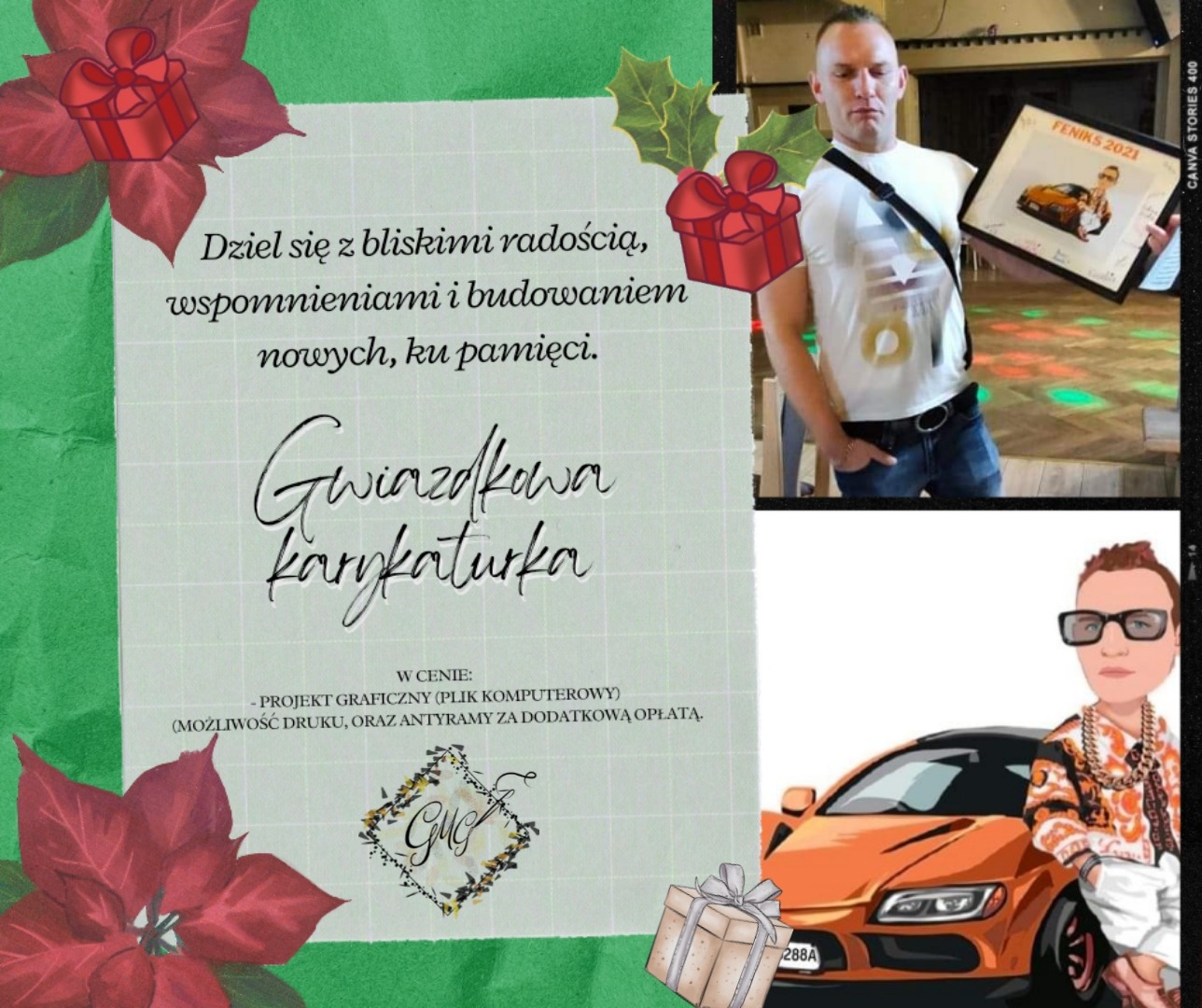 Kolaż graficzny z motywami świątecznymi, tekstem 'Gwiazdkowa karykatura', mężczyzną trzymającym oprawioną grafikę z karykaturą oraz karykaturą mężczyzny z samochodem.