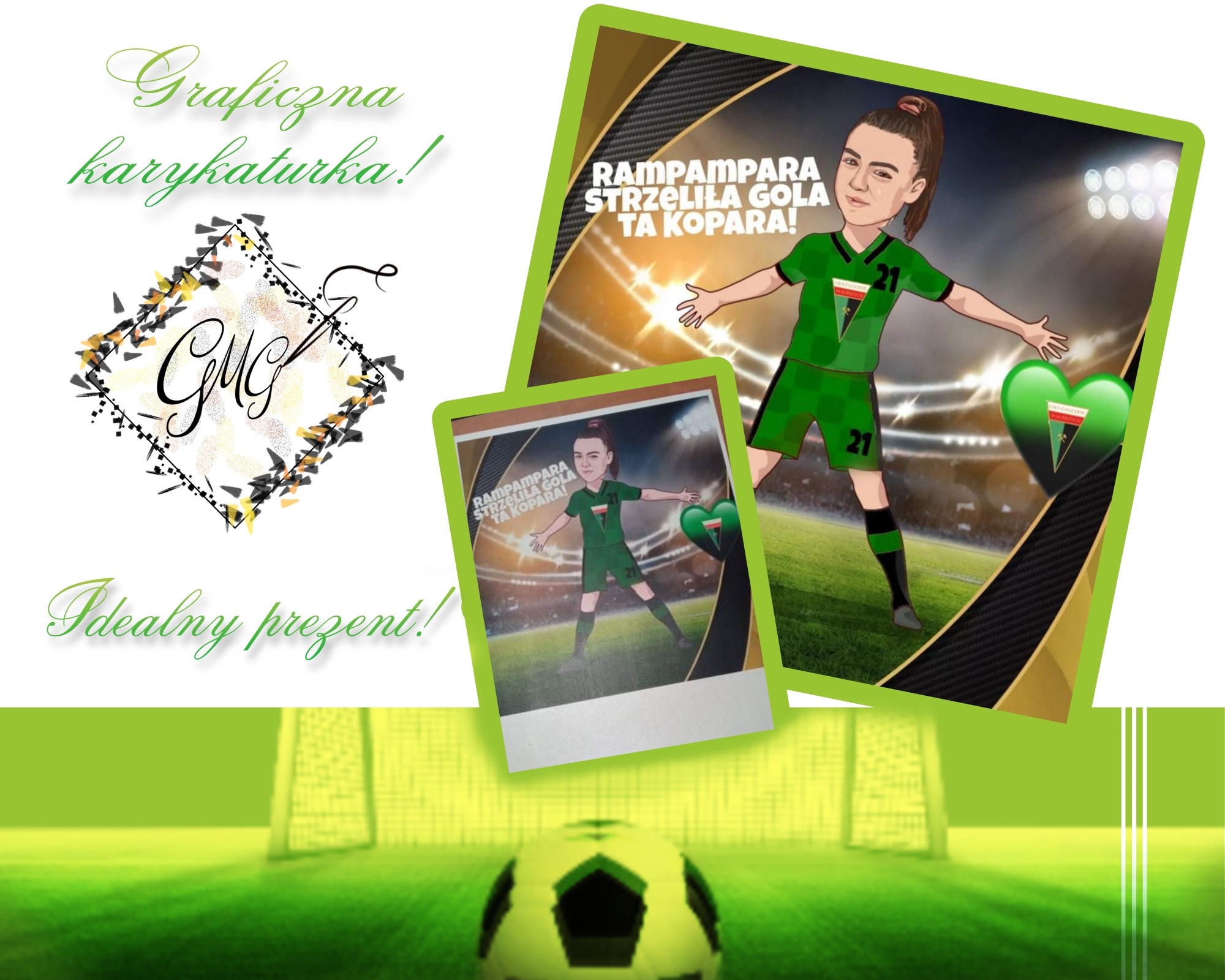 Karykatura graficzna przedstawiająca piłkarkę w zielonym stroju z numerem 21, na tle stadionu i piłki nożnej, prezentowana jako idealny prezent.
