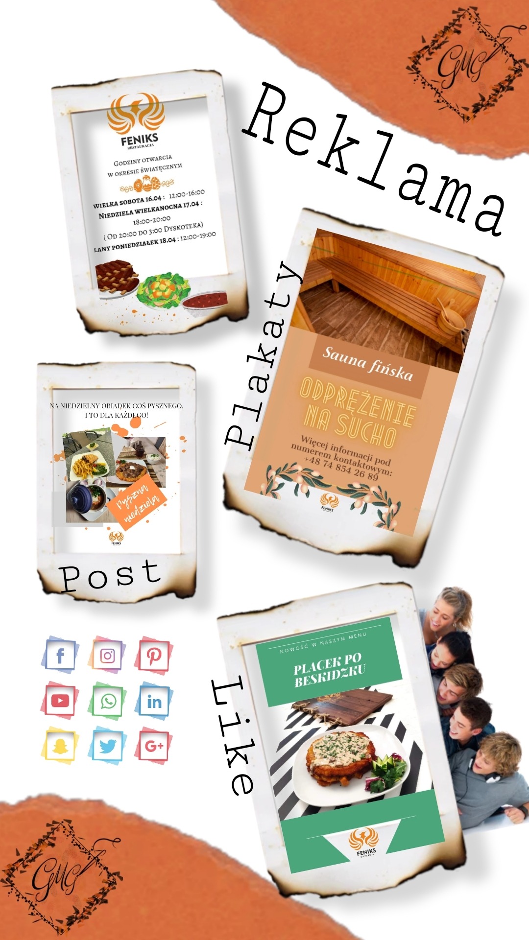 Kompilacja materiałów promocyjnych restauracji: post w mediach społecznościowych, plakat sauny, reklama godzin otwarcia i dania z menu, ułożonych na pomarańczowym tle.