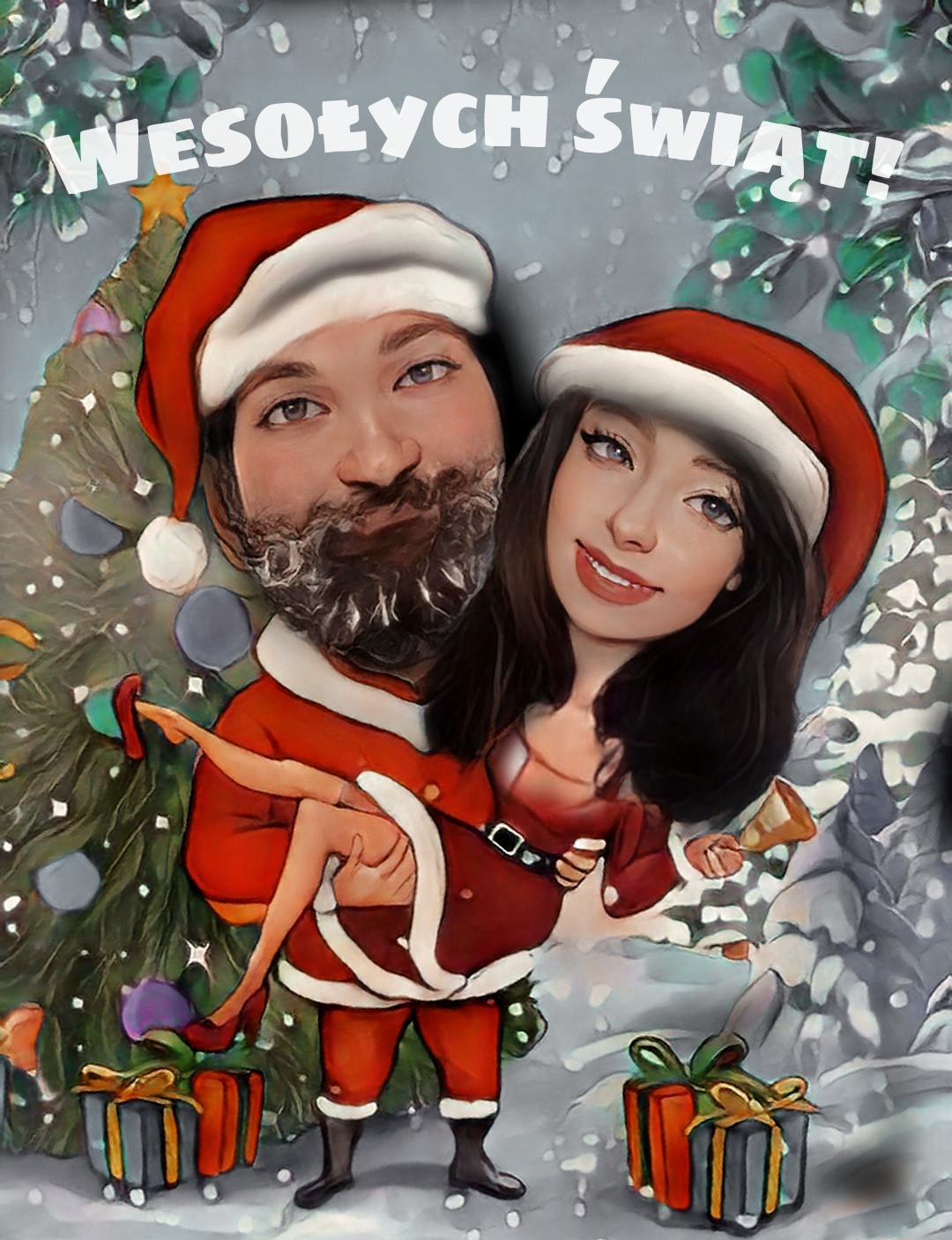 Karykaturalna ilustracja pary w strojach świątecznych na tle choinki i śniegu, z napisem 'Wesołych Świąt!' u góry.