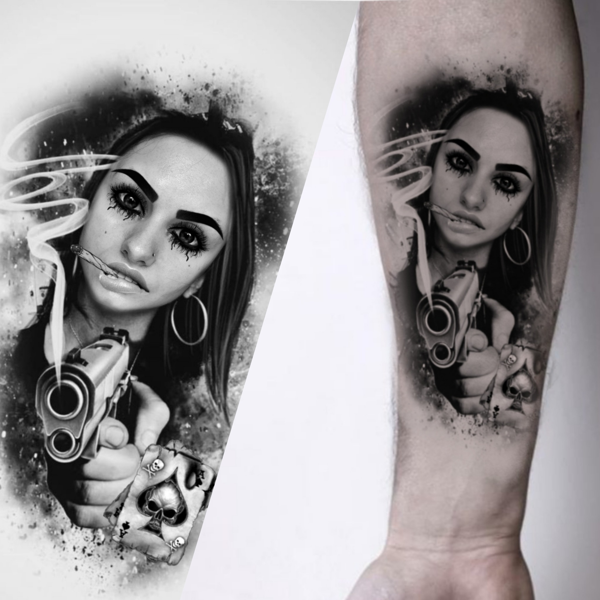 Czarno-biała grafika prezentująca portret kobiety z pistoletem i kartami do gry z motywem czaszki, z czego prawa część kadru pokazuje tatuaż z tym samym motywem na przedramieniu.
