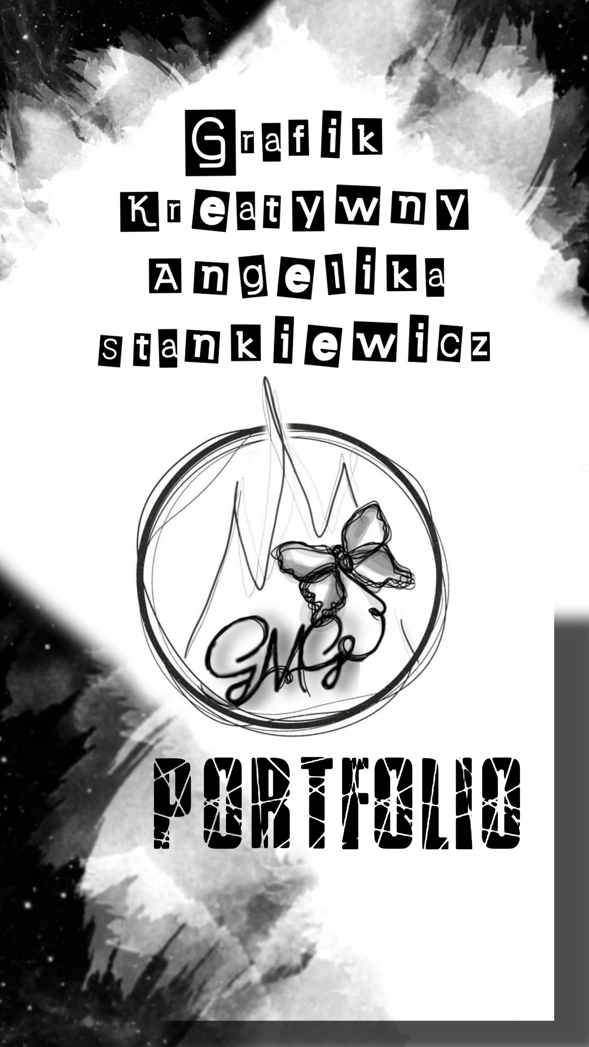 Czarno-białe portfolio graficzne z napisem 'Grafik Kreatywny Angelika Stankiewicz', okrągłym szkicem logo z motywem motyla i gór oraz napisem 'Portfolio' z efektem pęknięć.