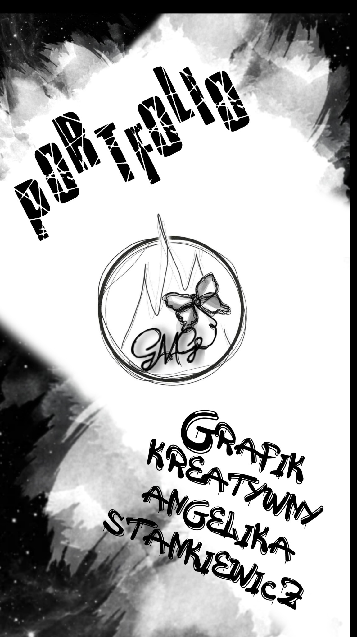 Czarno-białe portfolio grafika kreatywnego Angeliki Stankiewicz z Wrocławia, z abstrakcyjnym tłem i motywem motyla w okręgu.