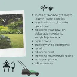 Grafika reklamowa usług ogrodniczych: zdjęcie wypielęgnowanego trawnika w ramce polaroid, obok lista oferowanych prac i ikony narzędzi.